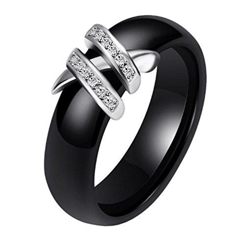 HIJONES 6MM Blanc & Noir Céramique Bague Plaine pour Femme avec Zircone Cubique Bande de Engagement Mariage Double Rangée Noir Taille 62