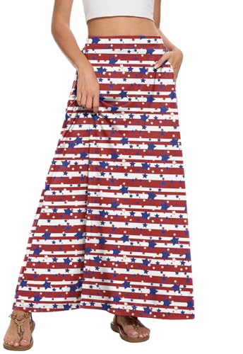 Image of Womens Maxi A-line Long Skirt Casual 2026 Elastic High Waist Flowy Skirts with Pockets