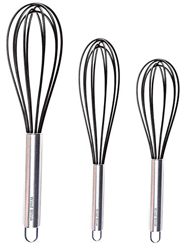 Silicone Whisk Set of 3 - Stainless Steel & Silicone Non-Stick Coating – Colored Balloon Egg Beater for Blending, Whisking, Beating, Frothing & Stirring (12-inch, 10-inch & 8.5-inch)