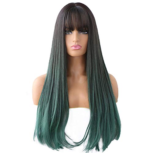 7JHH WIGS Hair Dye Wig for Women Synthetic Hair Natural Long Straight Wig With Bangs (25inch, Green)