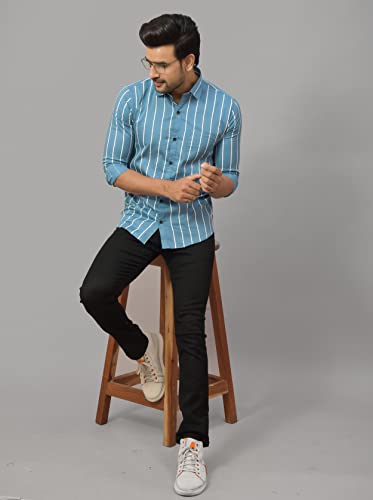 Image of Solid Regular Fit Cotton Casual Strips Shirt for Men || Spread Collar || Full Sleeves (XX-Large, Blue)
