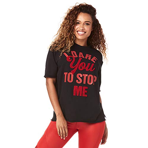 Zumba Loose Fitting Dance Fitness Graphic Tees Athletic Workout Top for Women, Black Bold, L