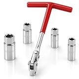 QWORK® Set di Chiavi per Candele 5 Pezzi, 14mm 16mm 18mm 21mm con Impugnatura a T e Snodo Girevole – Svitacandele Professionale per Manutenzione Auto, Moto e Tosaerba – Lunghezza 192mm