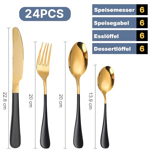 24-teiliges Flatware Set, Edelstahl Besteck Set mit Silberbesteck Halter, Löffel, Gabeln und Messer, Geschirr Set Service für 6, Gold Spiegel poliert und matt rosa lackiert (Schwarzes Gold)