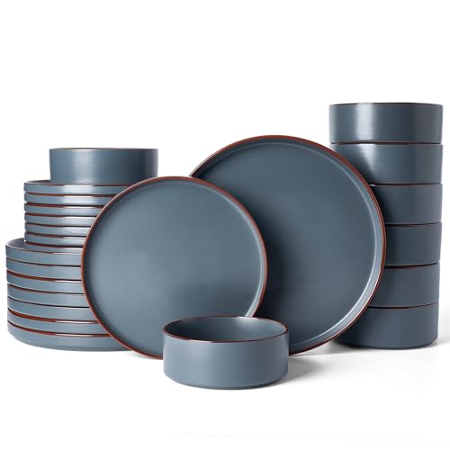 Image of Famiware Nebula Ridge Stoneware Dinnerware Sets for 8, 24 Pieces Plates and Bowls Sets, Dishes Set, Microwave and Dishwasher Safe Kitchen Plates, Charcoal