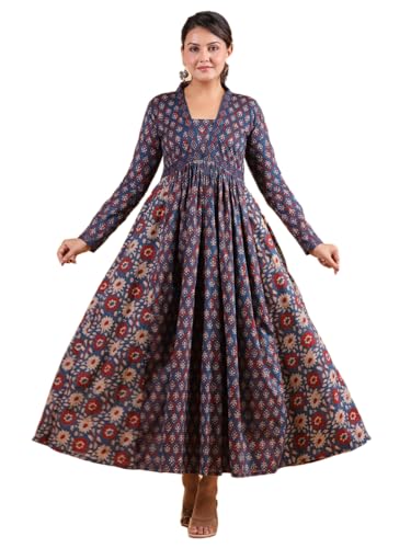 Image of Vbuyz Women's Floral Print Anarkali Cotton Aqua Blue Stitched Kurta | Anarkali Kurti for Women | Kurta for Women