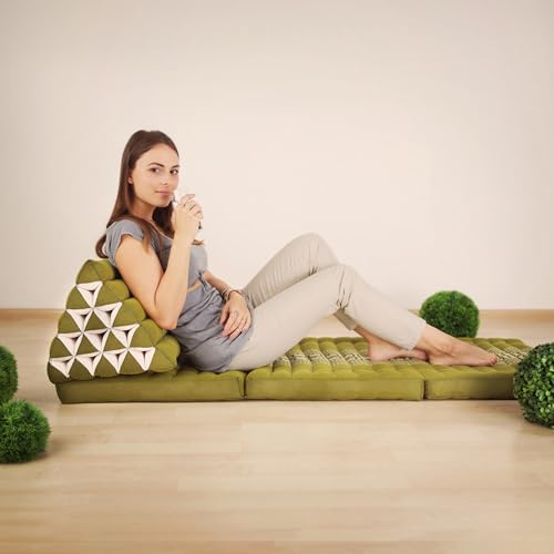 livasia Thai cushion with 3 seat rests - 73x22x3.1″ - extra high, Triangle cushion with folding mattress, Kapok, Jumbo back support cushion, Thai mat, folding, Hand made (Red/Yellow)