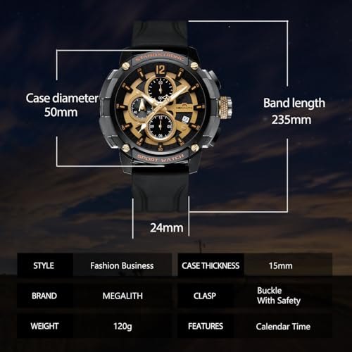 Image of MEGALITH Heavy Duty Watches for Men: Sport Military Analog Wrist Watch | 1 /10 Sec Chronograph, Large Face, Silicone, Waterproof Luminous, Black Everyday Watch, Work Outdoor,Gifts for Husband Father
