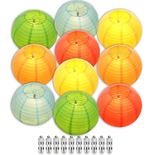 Image of Colorful Chinese Paper Lanterns with LED Lights, 10-Pack 12inch | Hanging Lights for Birthday Party Decorations, Ceiling Decor, Rainbow Classroom, Home Party, Baby Shower & Carnival