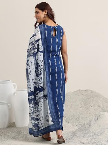 Image of Libas Blue Woven Design cotton blend Straight Kurta set for Women | daily wear suit