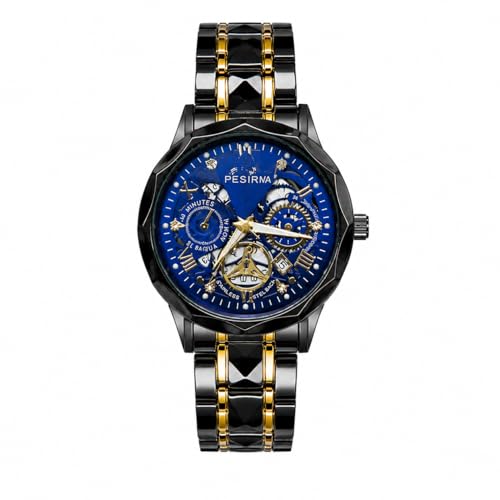 Image of Watch for men,Men's skeletonized quartz watch with black and gold two-tone stainless steel case, analog display, date display, water-resistant, luminous display, men's waterproof quartz watch. (Blue dial, black strap)
