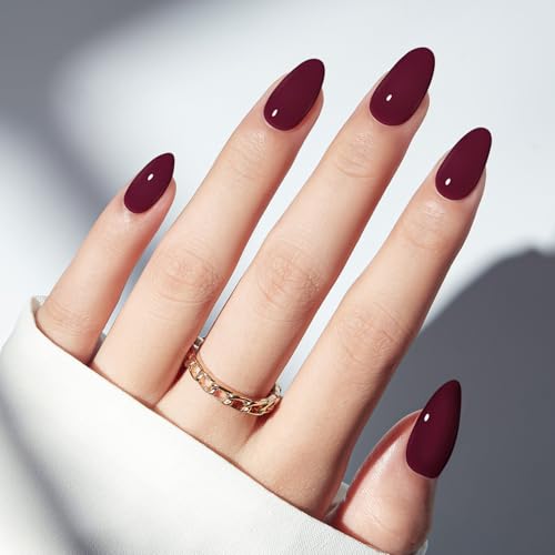 Modelones Burgundy Press on Nails Almond Spring Short Fake Nails Reusable Nail Kit with Nail Glue Adhesive Tabs Mini Nail File Nails Press Ons 30Pcs 15 Sizes Women Girl Gift