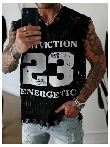 Men's Letter Graphic Sweater Vest Y2k Ripped V Neck Sleeveless Knit Tops3