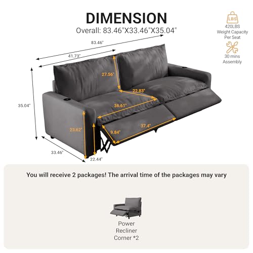Image of 83.46 inch Power Reclining Sofa with Wireless Charging & Heated Seats,Smart Recliner Sectional Couch,Zero Gravity Recliner Sofa,Deep Seat Cloud Couch for Living Room Home Theater,Grey,2 Seats