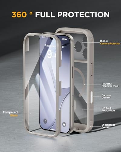 Image of Miracase for iPhone 17 Pro Max Case 6.9 inch Full-Body Phone Case with Built-in Glass Screen Protector& Full Camera Protector,[Magnetic with MagSafe] Drop Proof 17 ProMax Cover, Grey Titanium