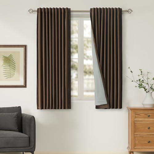 Image of PRIMROSE 100% Full Blackout Brown Velvet Curtains 63 inch Long for Living Room,Set of 2 Liner Rod Pocket Back Tab Thermal Window Curtains Room Darkening Heavy Decorative Curtains Drapes for Bedroom