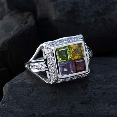 Real Gemstones Square Shape Multi Stone Faceted Multi Stone ring-Solid Silver Multi Color Multi Stone Ring-June Birth Gemini Astrology Real Gemstones Ring SRMULFC-8113-4 us4