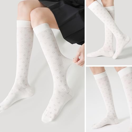Women's Retro Casual Floral Hollow Knee High Socks Vintage Chic Calf Socks with Breathable Cutout Design2