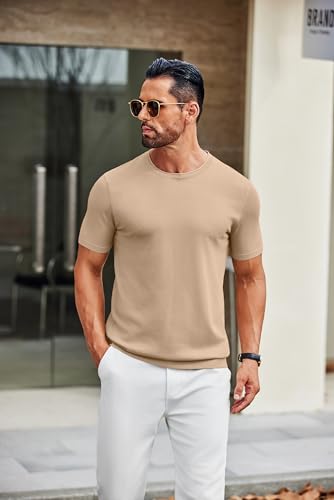COOFANDY Men's T-Shirts Short Sleeve Knitted T Shirt Men Crew Neck Casual Tops Khaki M