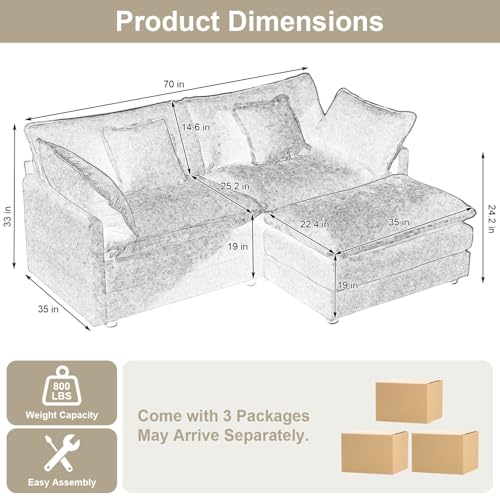 70" Modular Sectional Sofa, Modern L Shaped Sectionals Cloud Couch, Comfy Love seat with Ottoman Set, 3 Seater Chenille Sectional Sofa with Deep Seat and 4 Pillows for Small Spaces- Beige - Image 3