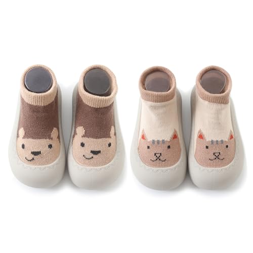 FABRST 2 Pairs Baby Sock Shoes Boys Girls Non Slip Soft Rubber Sole Slippers Toddler First Walking Shoes Infant Babys Slip-on Sneakers(Brown Khaki Bear-12.6)