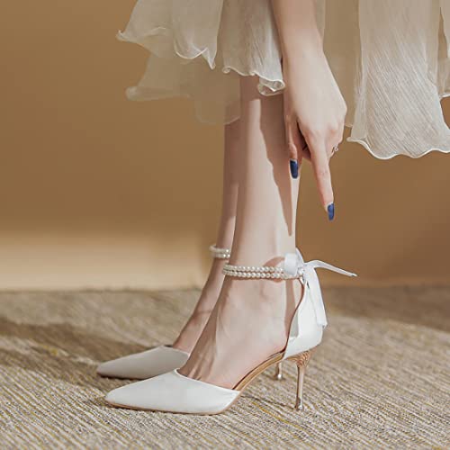 1 Pair Ribbon Pearl High Heels Ankle Straps with Self-Adhesive Heel Cushion Detachable Pearl Shoe Straps for Pumps Flats Stilettos Beige2