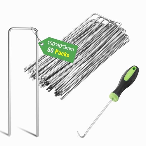 Graxury 50Packs 6 Inch 11 Gauge Heavy Duty Garden Pins Stakes - Galvanized Steel Staples Securing Pegs for Securing Anchoring Weed Fabric Landscape,Netting and Tubing with 1 Pick Hook