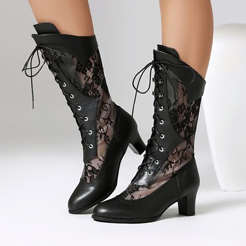 Goth Victorian Boots for Women Gothic Chunky Heels Lace Fishnet Mid-calf Boot Lace-up Wedding Cosplay Witch Costume Booties Shoes2