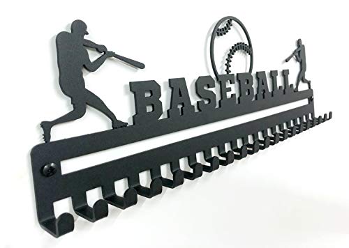 BASEBALL Sports Lanyard Medal Hanger Display, Ribbon Holder Rack - Metal Wall Mount Medal Holder Floating Shelves - 20 Easy Hanging Hooks & Easy Install - Great Gift for Kids or Adults (Black)
