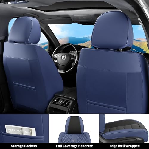 Image of FLORICH Car Seat Covers Full Set, Leather Seat Cover, Front and Rear Seat Covers 5 Seats, Waterproof Car Seat Cushion Protector Accessories for Sedan SUV Pick-up Truck (Blue&Black, Full Set)