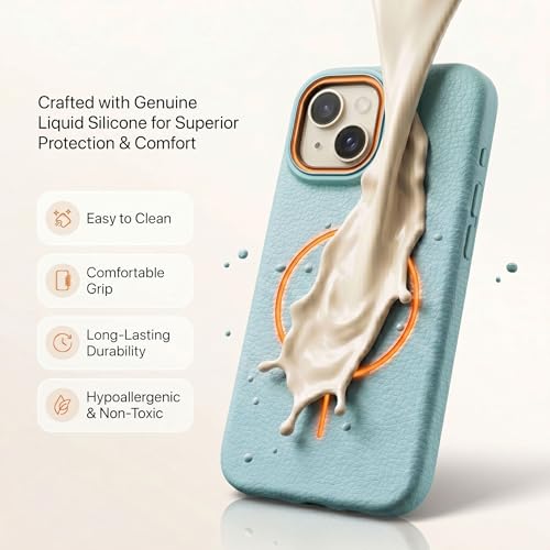 Image of amazon basics Luxury MagSafe Compatible Leather Texture Back Cover for iPhone 13 | Raised Camera Protection | Slim Fit Shockproof Case with Metallic Accents (Light Blue)