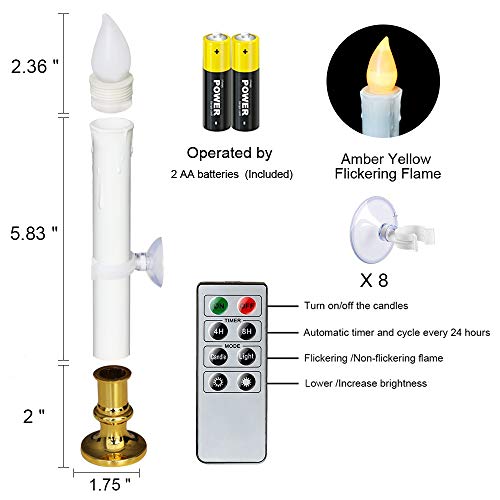 Image of Wondise White Flameless Flickering Taper Candles - Battery Operated with Remote & Timer, Gold Holders, Suction Cups, Christmas Window Decoration (9 inch, Set of 8)