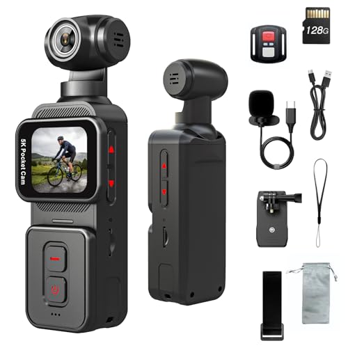 5K Pocket Vlogging Camera Body Camera with Microphone, 5K/20FPS and 4K/60FPS, 1.69'' Touchscreen, 270° Rotating Lens, Face Tracking, Wi-Fi, 6-Axis Stabilization, for YouTube, Travel, Work (128GB)