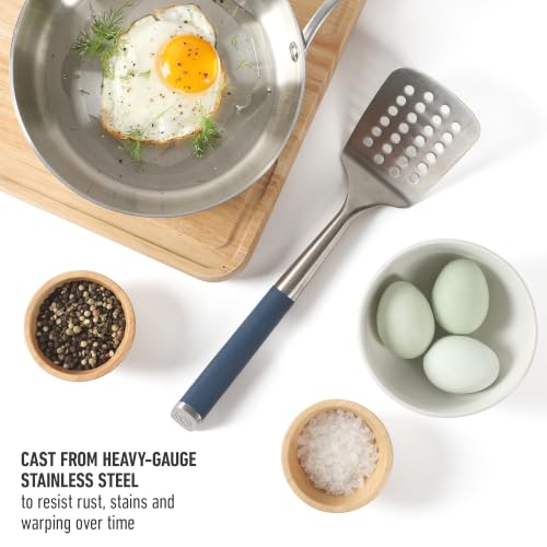 Image of Calphalon Slotted Turner, Kitchen Flipping Spatula, Slotted Spatula, Stainless Steel Turner with Silicone Heat Resistance Handle, Nonstick-Safe Spatula for Draining and Flipping (Navy)