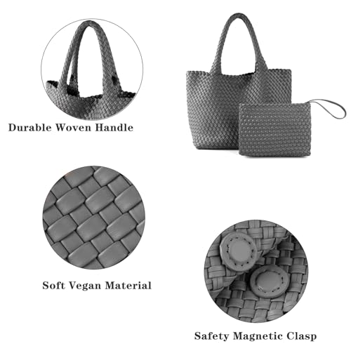 Image of Woven Tote Bag for Women Vegan Leather Handwoven Bags with Small Purse