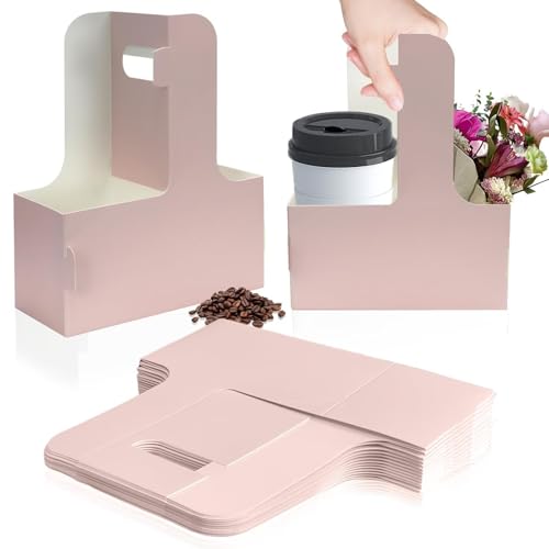 BOSENIYU 2Cup Cardboard Cup Holder, Disposable Drink Carrier for Delivery with Handle, Coffee and Drinks Take Out Cup Carrier. (Pink，15Pcs)