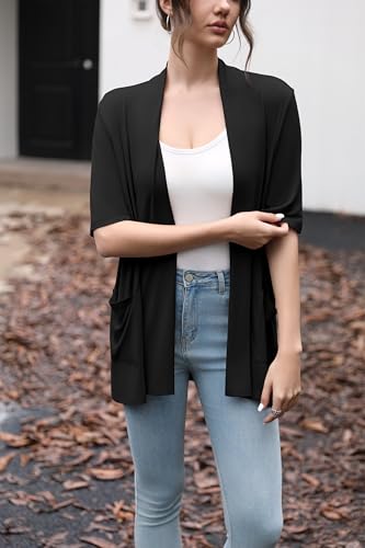 HIYIYEZI Women's Short Sleeve Open Front Cardigan Casual Loose Lightweight Cardigans with Pockets3