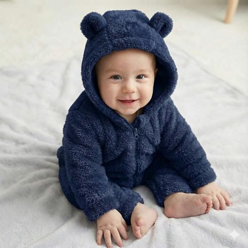 Image of BABYZONE Fluffy Fleece Baby Romper - Hooded Bear Ear Winter Jumpsuit for Boys & Girls