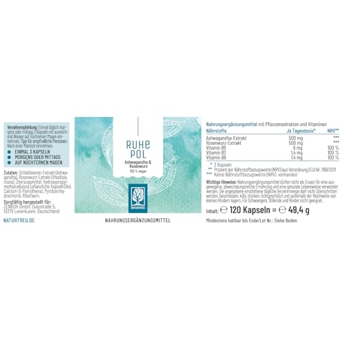 NATURTREU® Ruhepol - Ashwagandha Kapseln hochdosiert - 120 vegane Kapseln - 500 mg Ashwagandha pro Tag - Ashwagandha Komplex mit Rosenwurz-Extrakt - ohne unerwünschte Zusatzstoffe - laborgeprüft