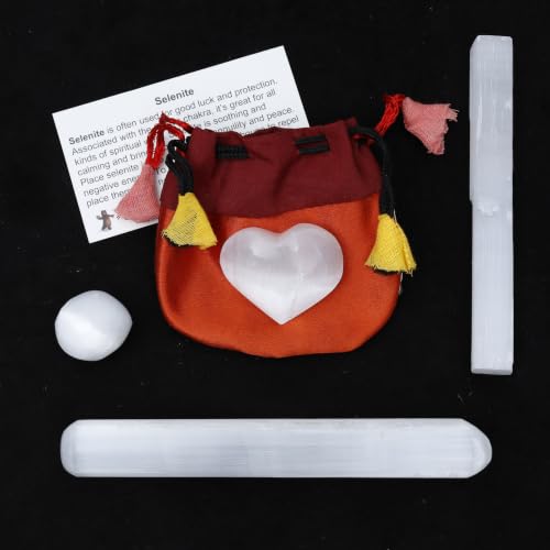 DANCING BEAR Selenite Protection Collection (7 pc Set): Palm Stone Heart, Tower, 5' Stick, 5.5'...