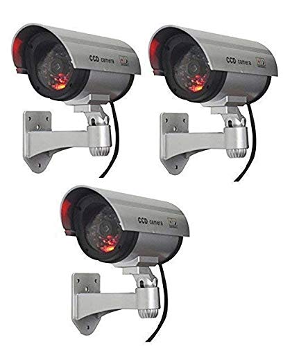 (Pack of 3 Fake Dummy Security CCTV Dome Camera with Realistic Look Recording Flashing Red LED Light Indoor and Outdoor Use, for Homes & Business (Sliver Color) (3)[Dummy]