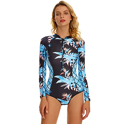 Traje de baño de Manga Larga Sexy de la protección de la erupción de Las Mujeres UPF 50+ Impresión Floral de una Pieza Traje de Surf,New 09,L Cover