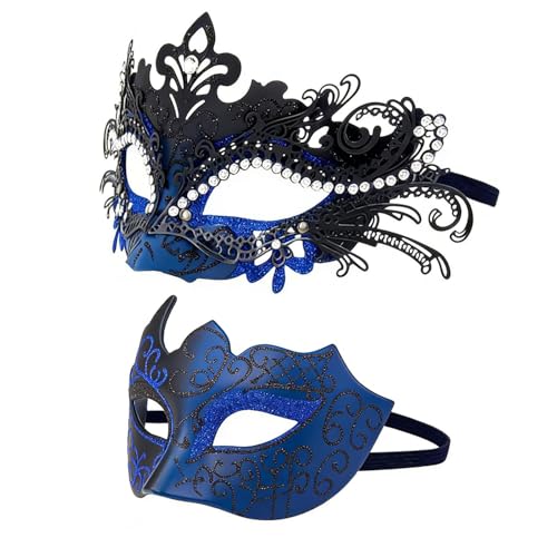 Dinwenddey Masquerade Mask for Couples Party Masks Set Metal Filigree Shiny Rhinestone Venetian Mask for Ball Mardi Gras - Black Blue