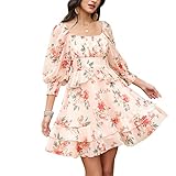 EXLURA Womens Floral Ruffle Sun Dress Sundress Tiered Square Neck Long Sleeve Off Shoulder Smocked Skater Mini Dress Pink