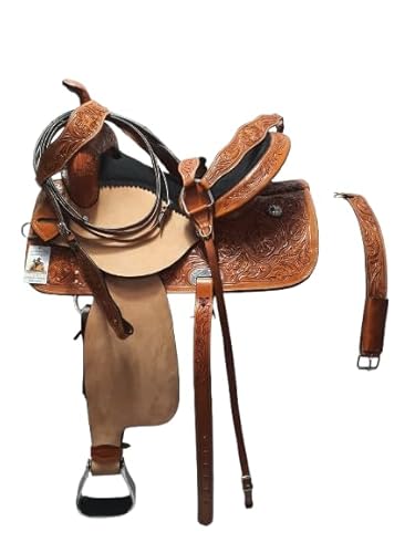 CUSTOMIZED SADDLERY Leather Western Barrel Saddle 18" with Combo Matching Headstall, Breast Collar, Front and Back Cinches Copper Rivets & Conchos (18 inches, Umber Brown)