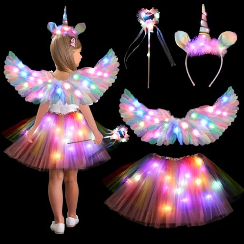 PQETBV Disfraz De Unicornio Para Niña – Set De 4 Piezas Con Falda Tutú, Alas, Diadema Y Varita Mágica, Ideal Para Cumpleaños Y Carnaval