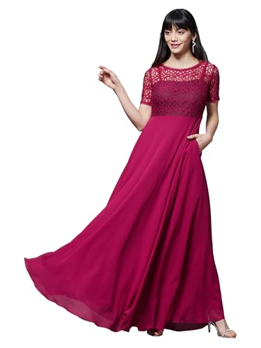 Image of Miss Chase Women's V-Neck Full Sleeve Self Design Lace-Overlaid Georgette Maxi Dress