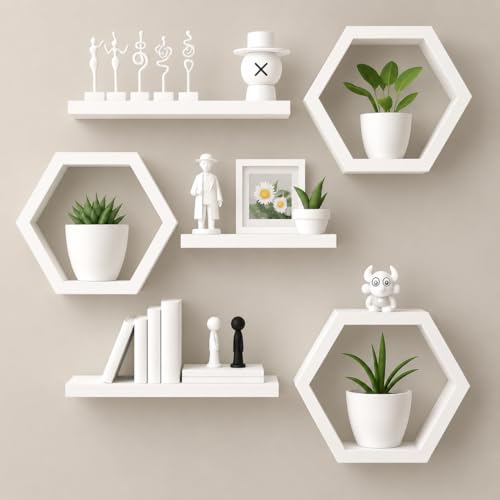 Image of Hexagon Wall Shelves Set of 6 | Wooden Floating Wall Shelf for Home Decor | Honeycomb Design Wall Rack for Living Room, Bedroom & Office (White)