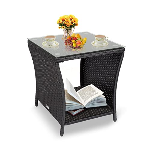 Kinbor Outdoor Patio Side Table - Wicker Pe Rattan Patio Table, Square Coffee Table With Glass Top And Storage, Outdoor Side/End Table For Deck Pool Garden Lawn Porch (Black) #TOP27
