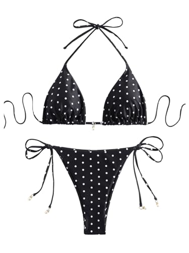 Image of SOLY HUX Women's Polka Dots Print Bathing Suit Halter Triangle Tie Side Bikini Sets Two Piece Swimsuit